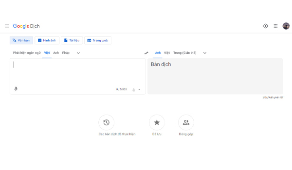 Giao diện ứng dụng Google dịch trên máy tính