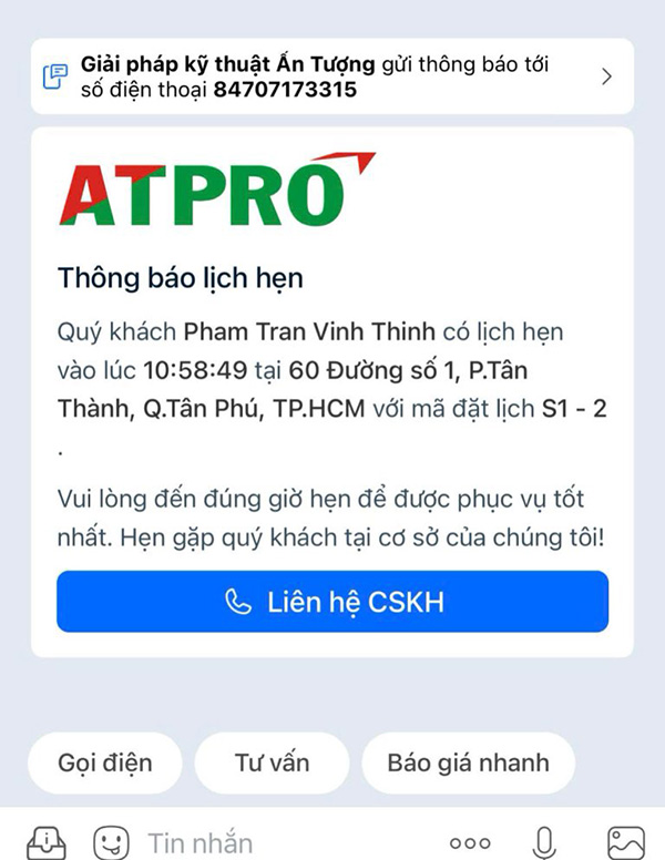 Thông báo đặt lịch hẹn thành công qua ứng dụng di động