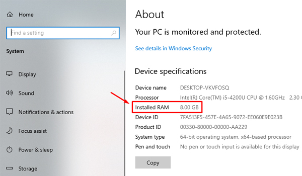 Kiểm tra thông tin ở mục Installed RAM để biết dung lượng RAM của máy tính