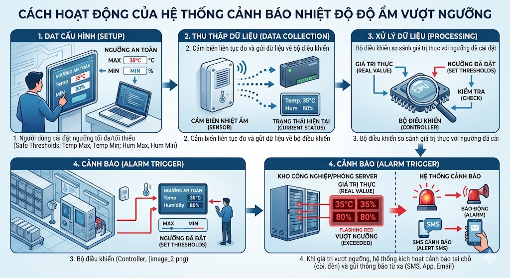 Hệ thống cảnh báo nhiệt độ độ ẩm vượt ngưỡng hoạt động thế nào?