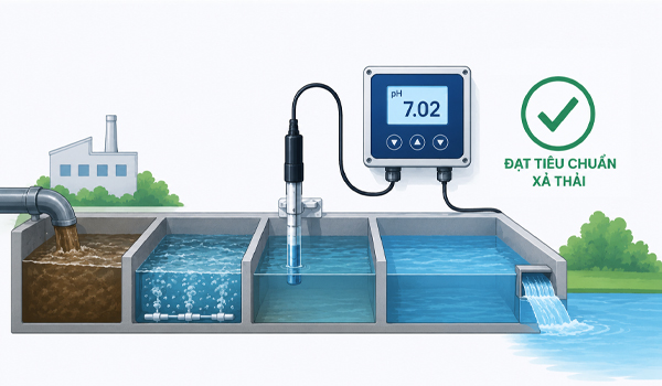 Cảm biến pH lắp đặt tại đầu ra đảm bảo nước thải đạt tiêu chuẩn xả thải
