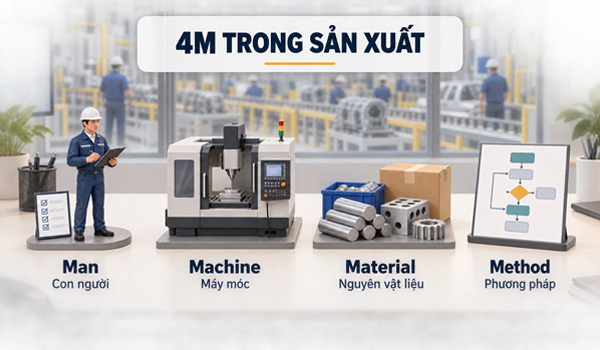 4M trong sản xuất gồm 4 nhóm yếu tố Man, Machine, Material & Method