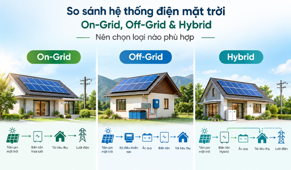 So sánh hệ thống điện mặt trời On-Grid, Off-Grid & Hybrid